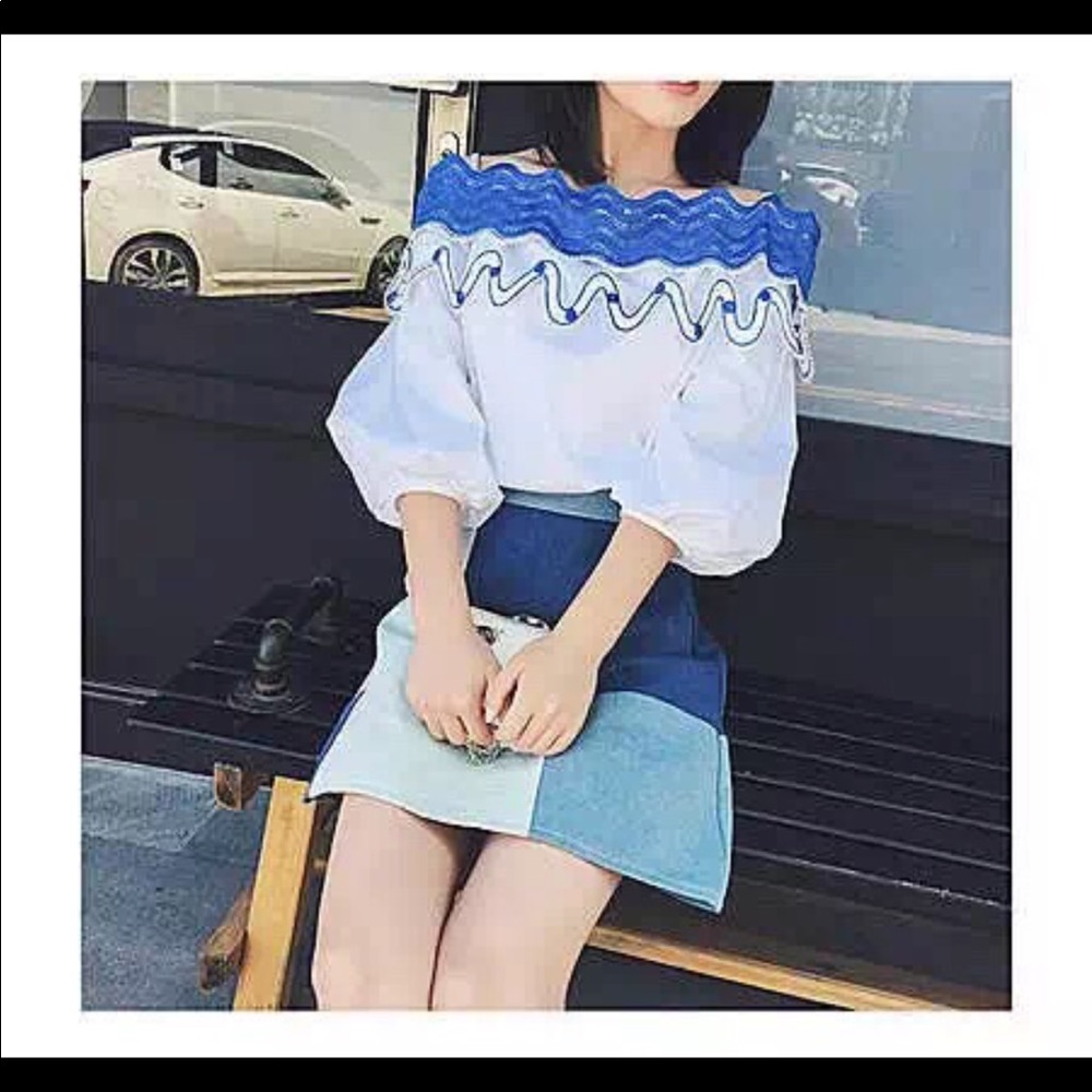 Off shoulder blouse and denim skirt set
